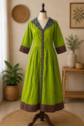 Mehndi green Ajrakh Anarkali kurta worn by model