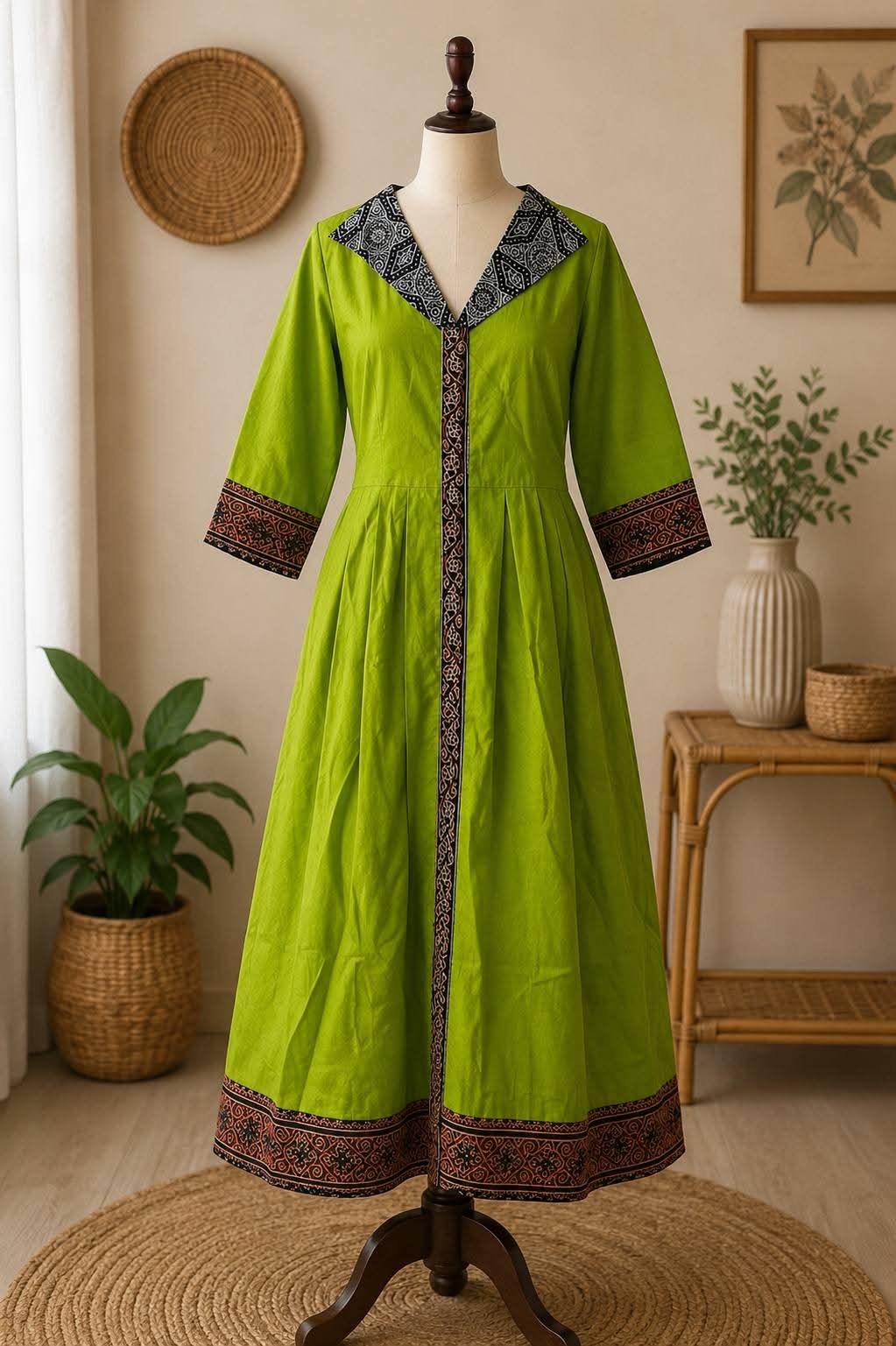 Mehndi green Ajrakh Anarkali kurta worn by model