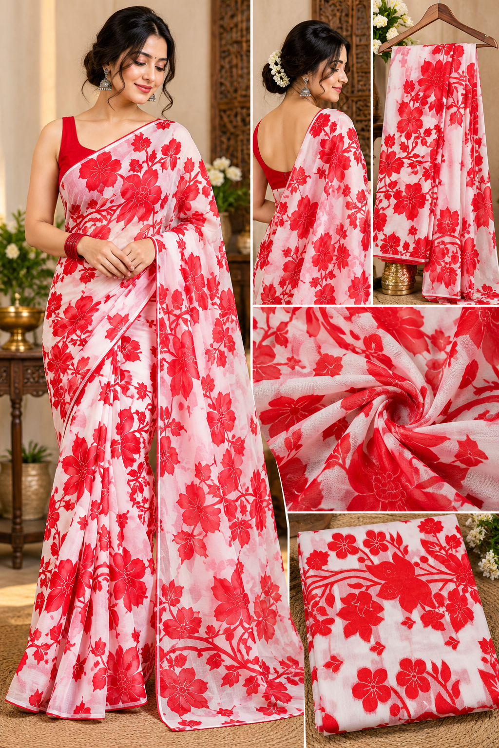 Elegant white &red floral printed saree 🌻