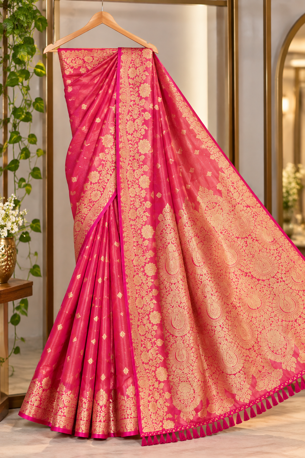 Women’s Pink & Golden Silk Saree 😍