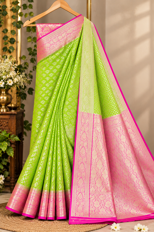 Lime green and pink banarasi silk saree ✅🩷