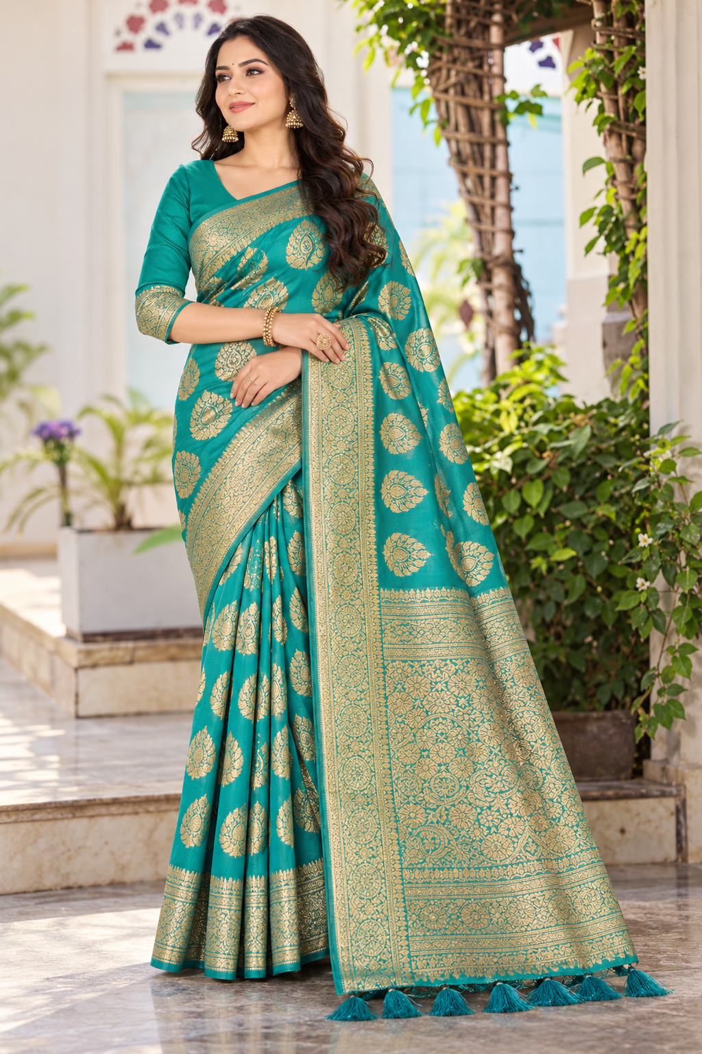 Teal and gold banarasi silk saree 🥰