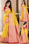 Yellow banarasi silk saree