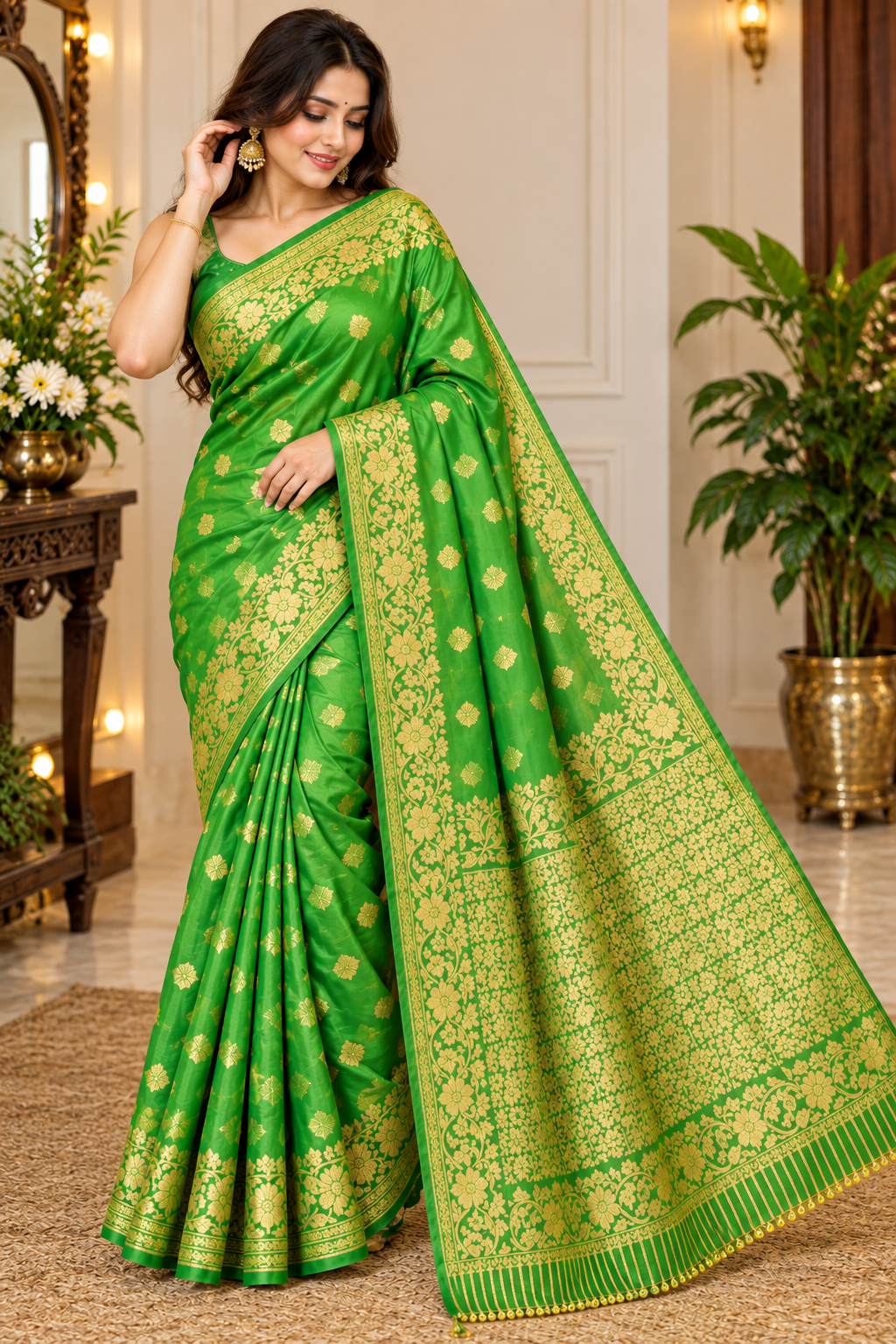 Elegant green saree with rich golden zari work 🤩