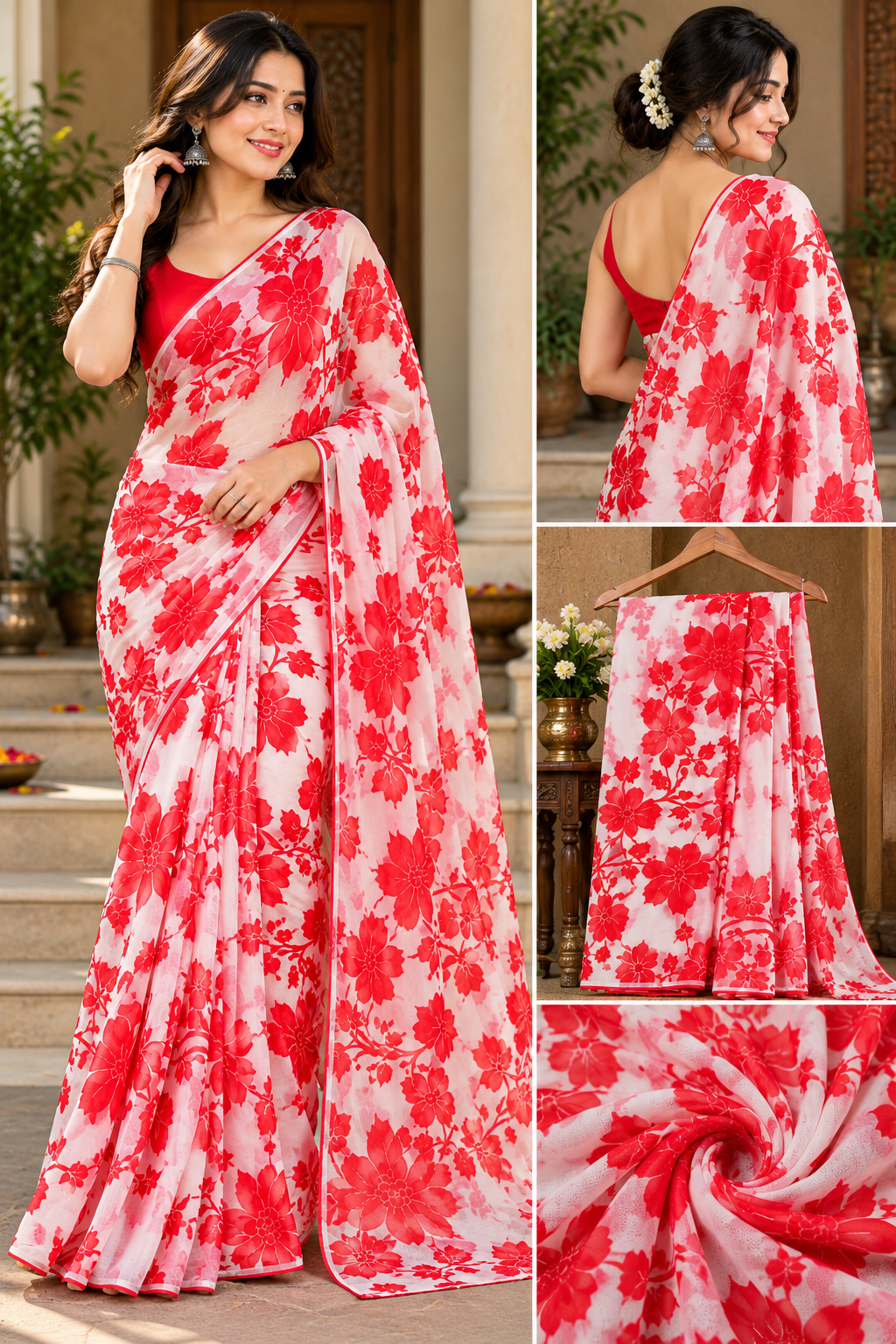 Elegant white &red floral printed saree 🌻