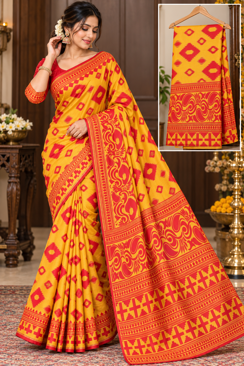 Red and yellow traditional saree 🌸