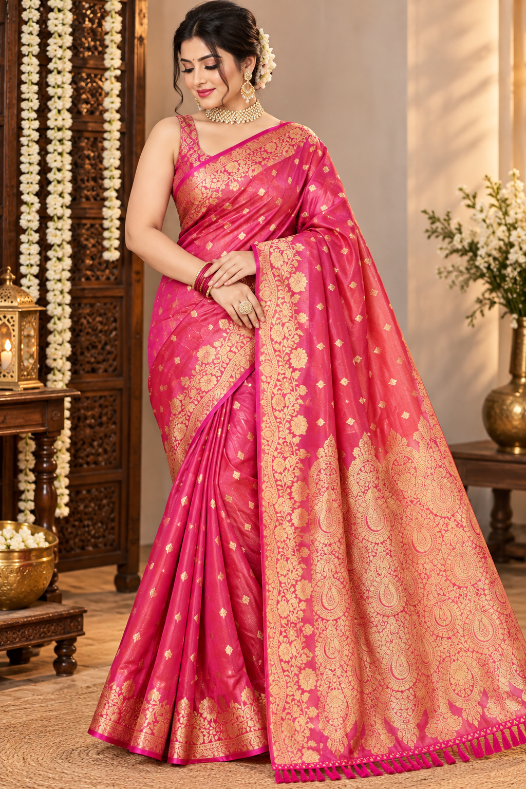 Women’s Pink & Golden Silk Saree 😍