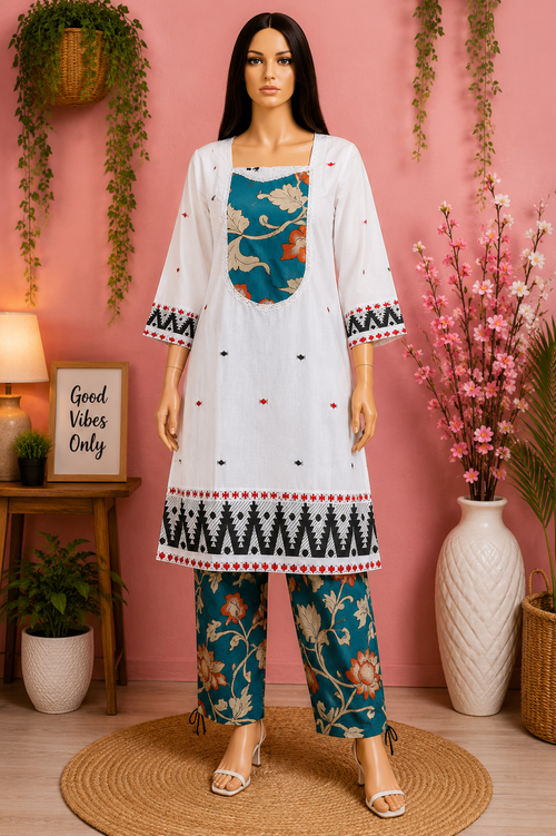 Jamdani Two Piece with Pen Kalamkari Work