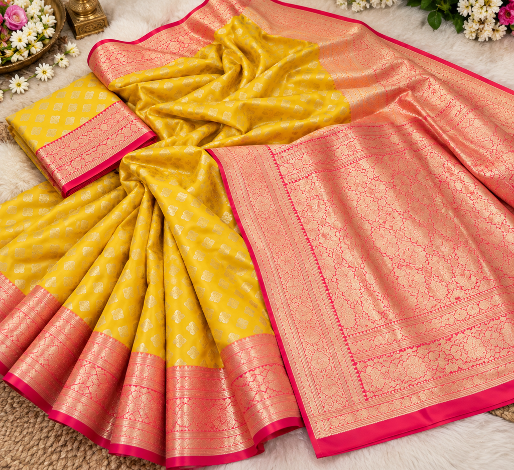 Yellow banarasi silk saree