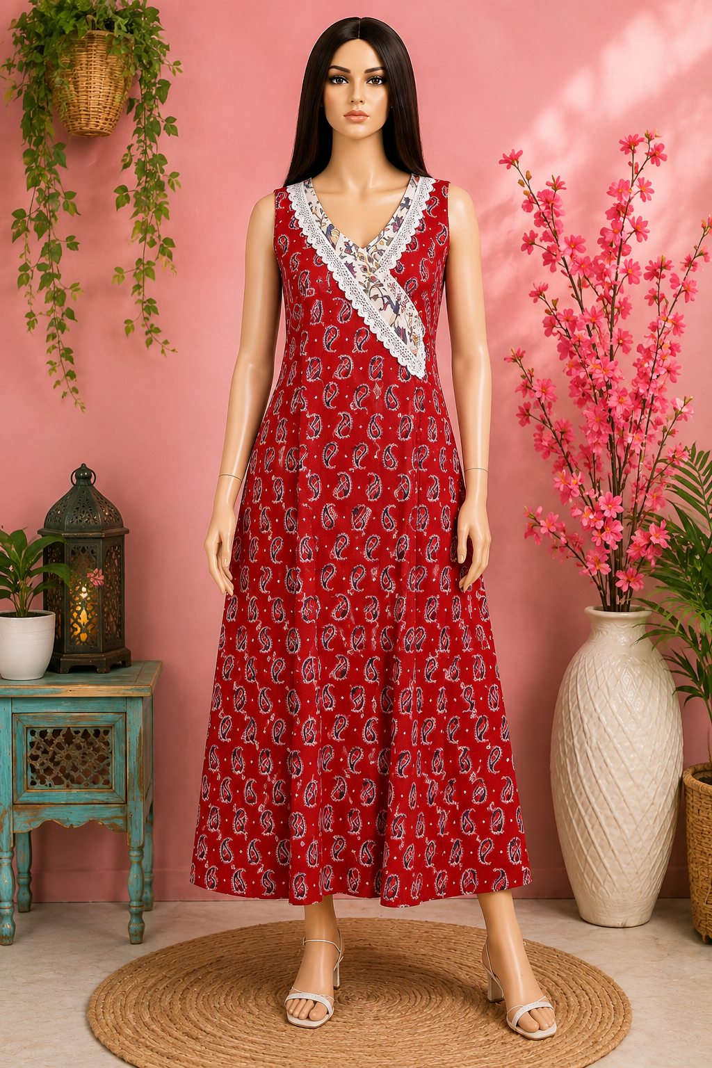Red Lace Work Pure Cotton Kurti