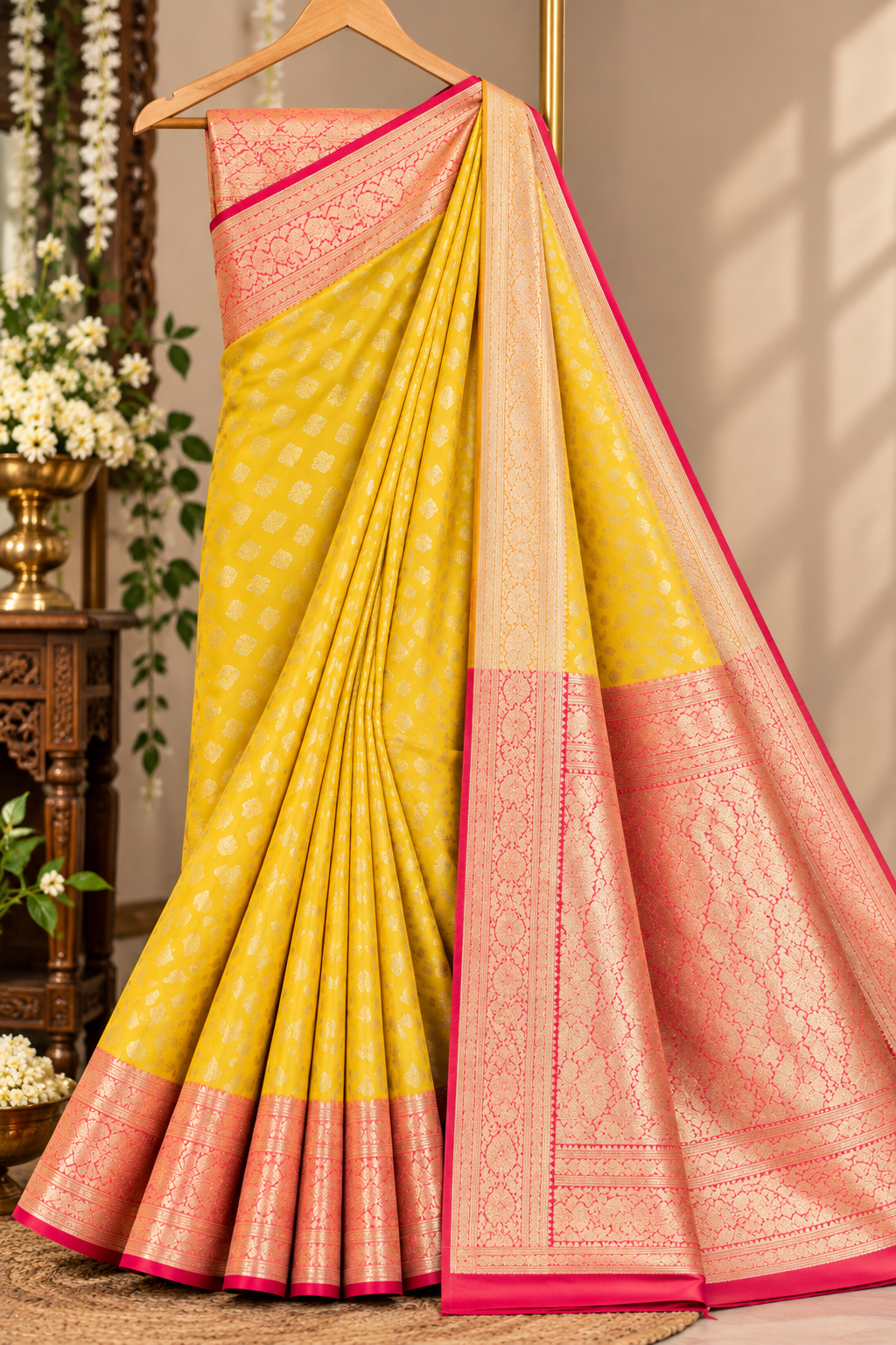 Yellow banarasi silk saree