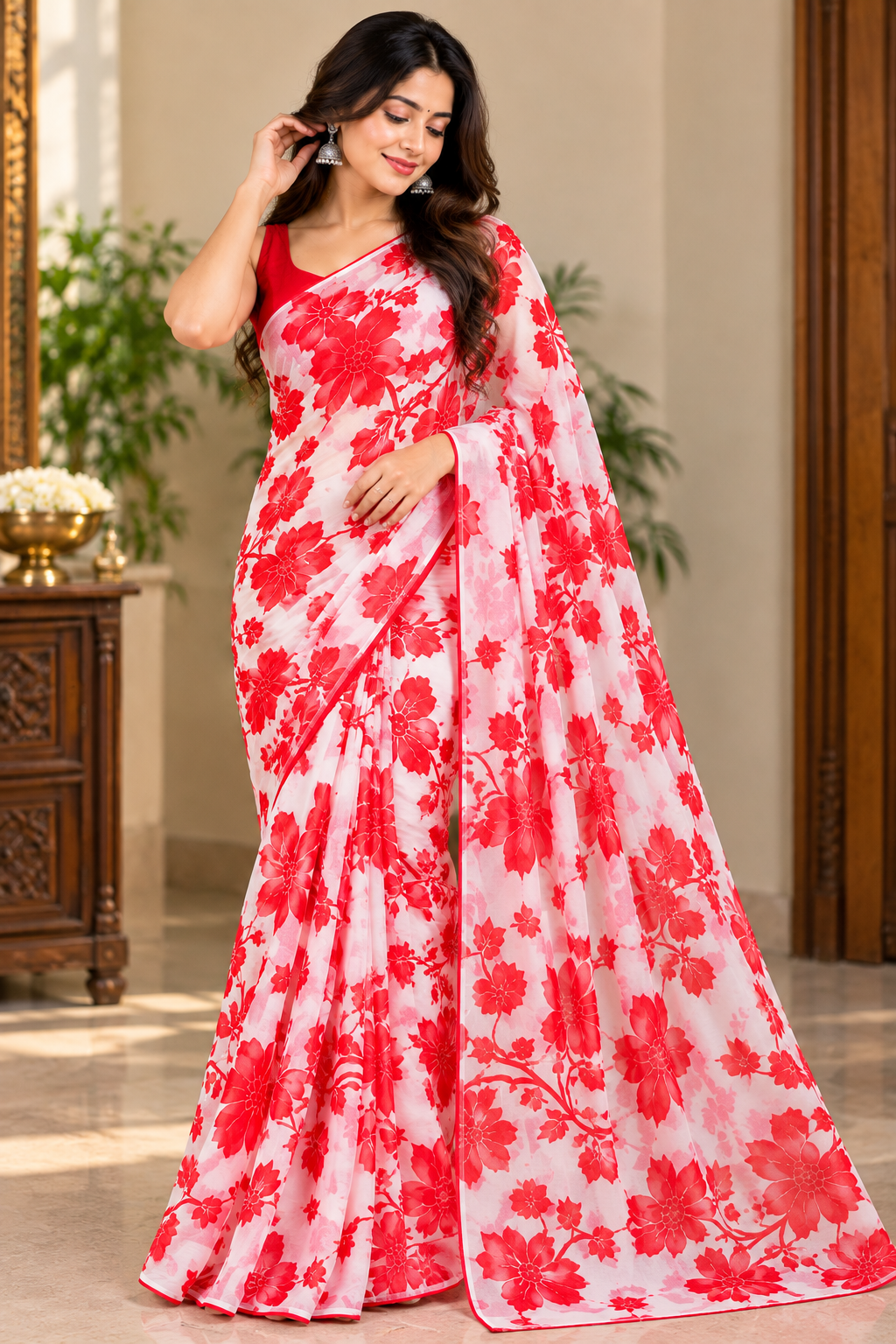 Elegant white &red floral printed saree 🌻