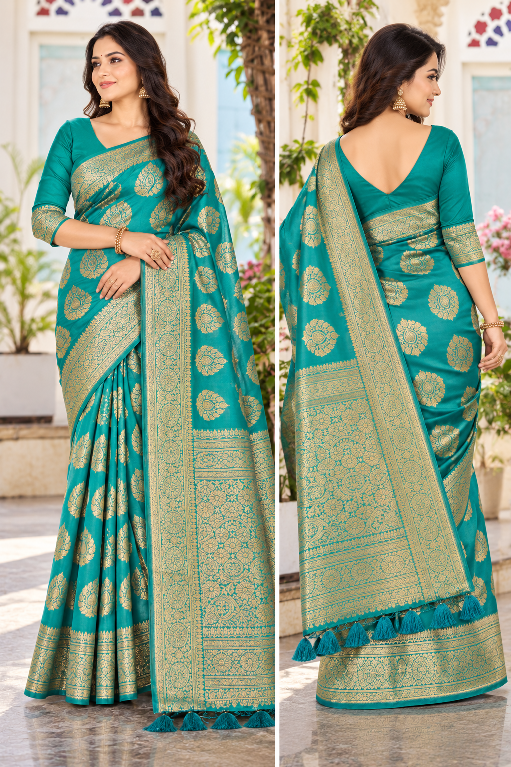 Teal and gold banarasi silk saree 🥰