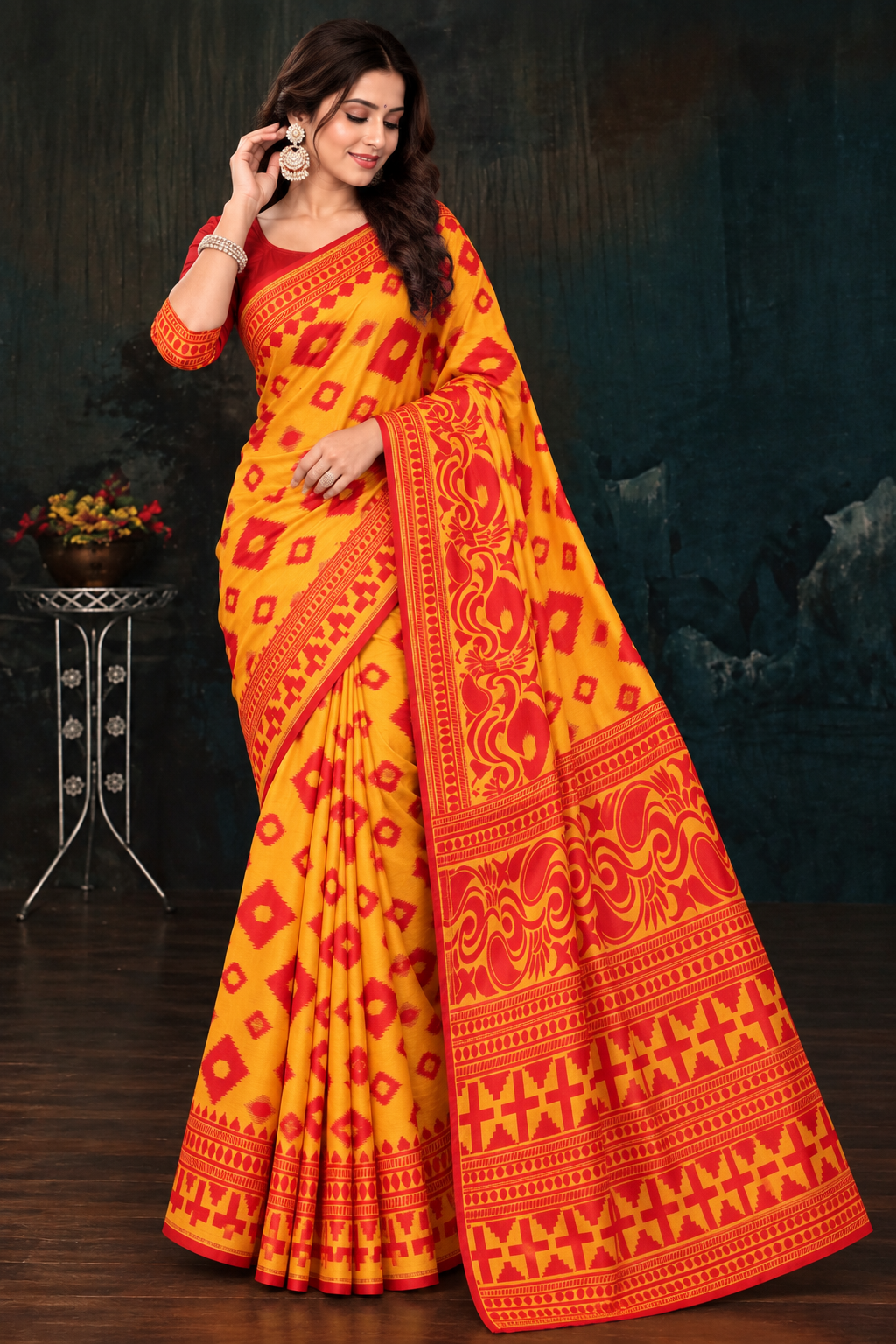Red and yellow traditional saree 🌸