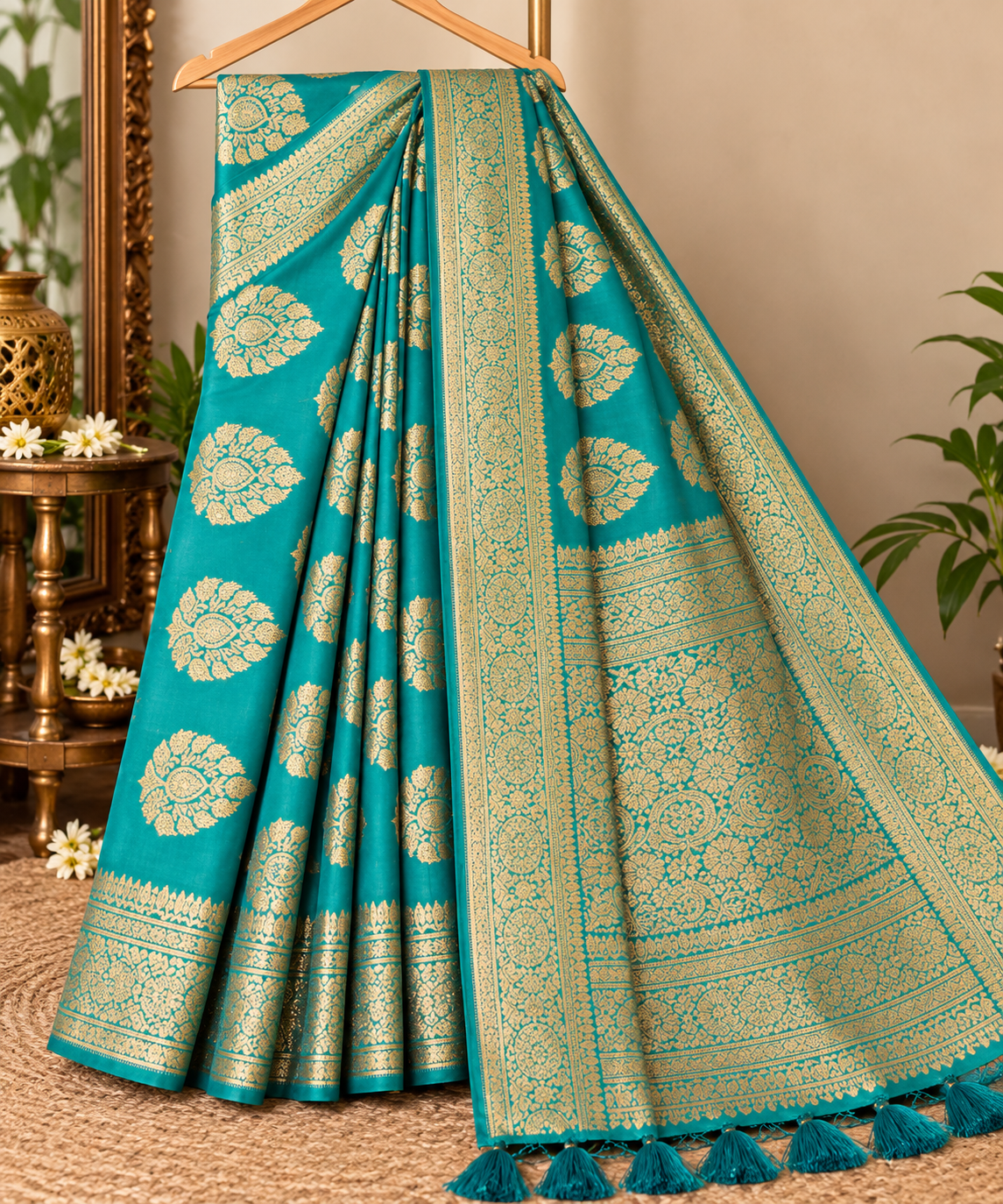 Teal and gold banarasi silk saree 🥰