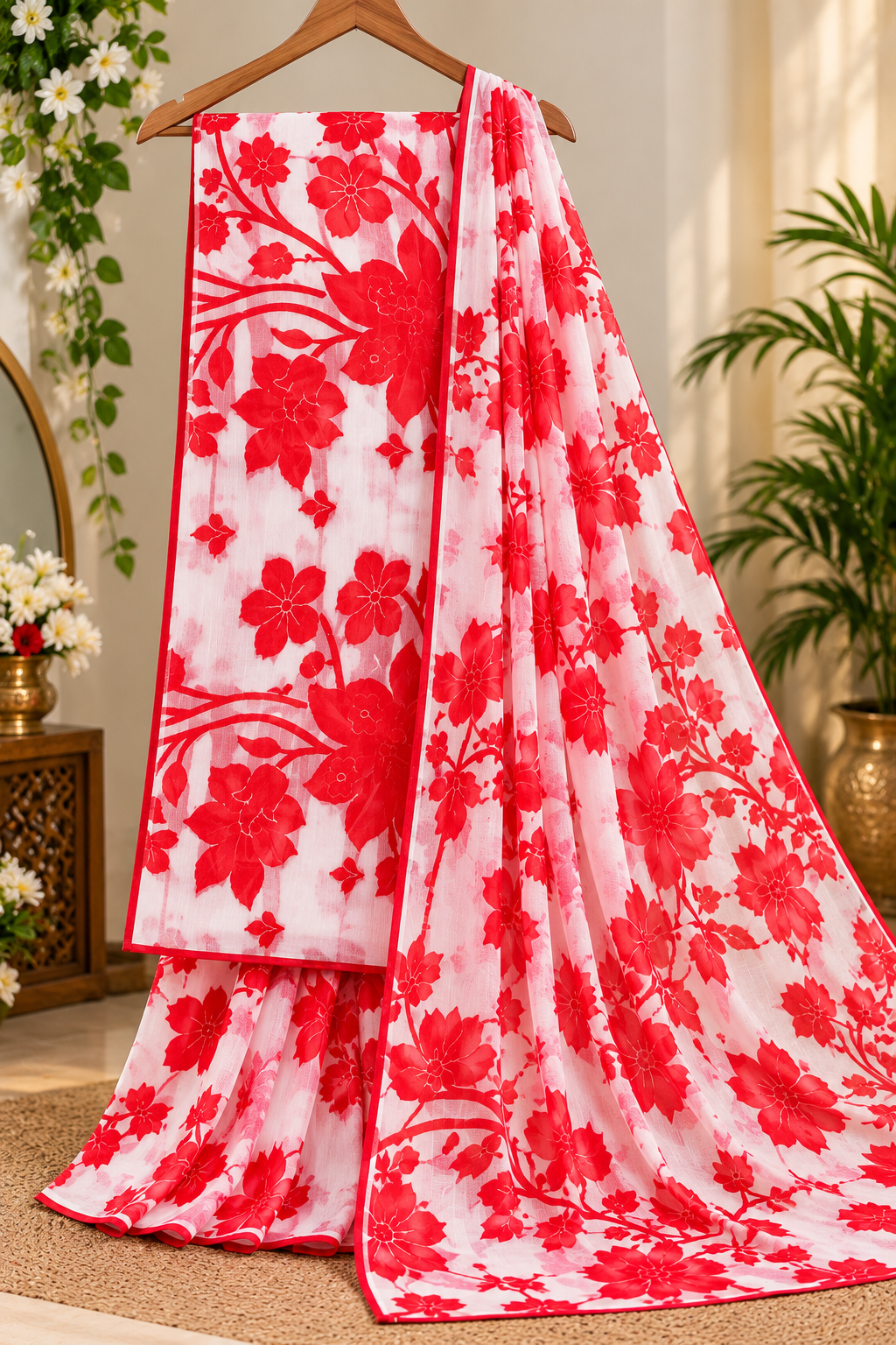 Elegant white &red floral printed saree 🌻