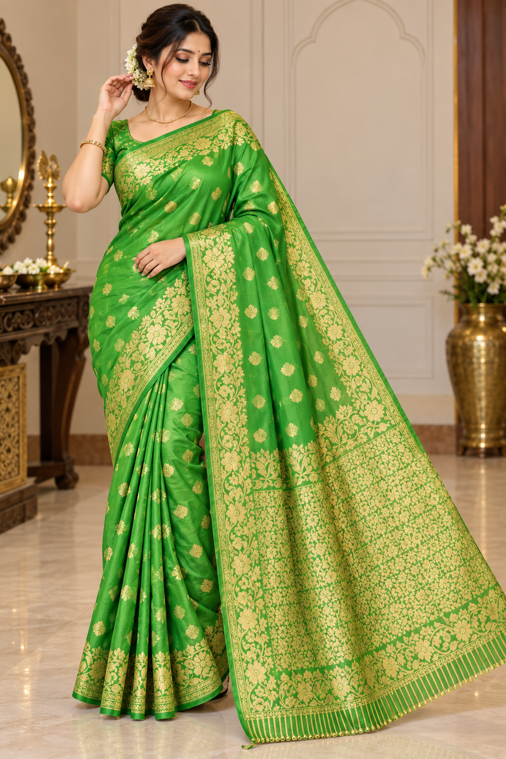 Elegant green saree with rich golden zari work 🤩