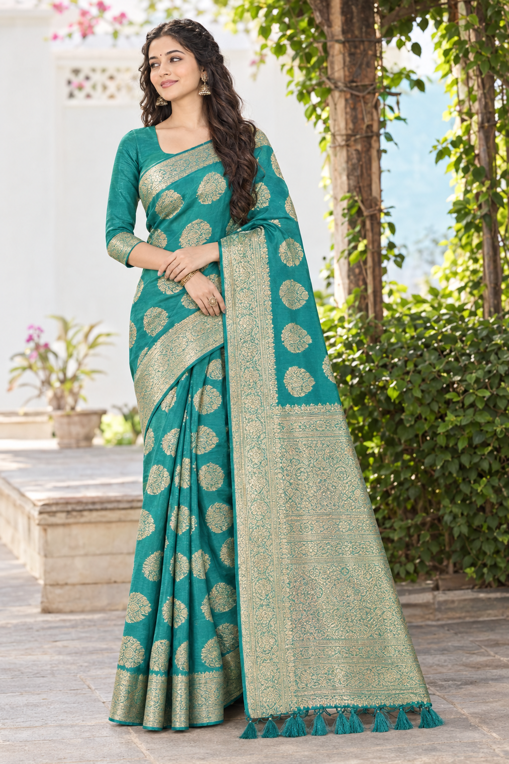 Teal and gold banarasi silk saree 🥰