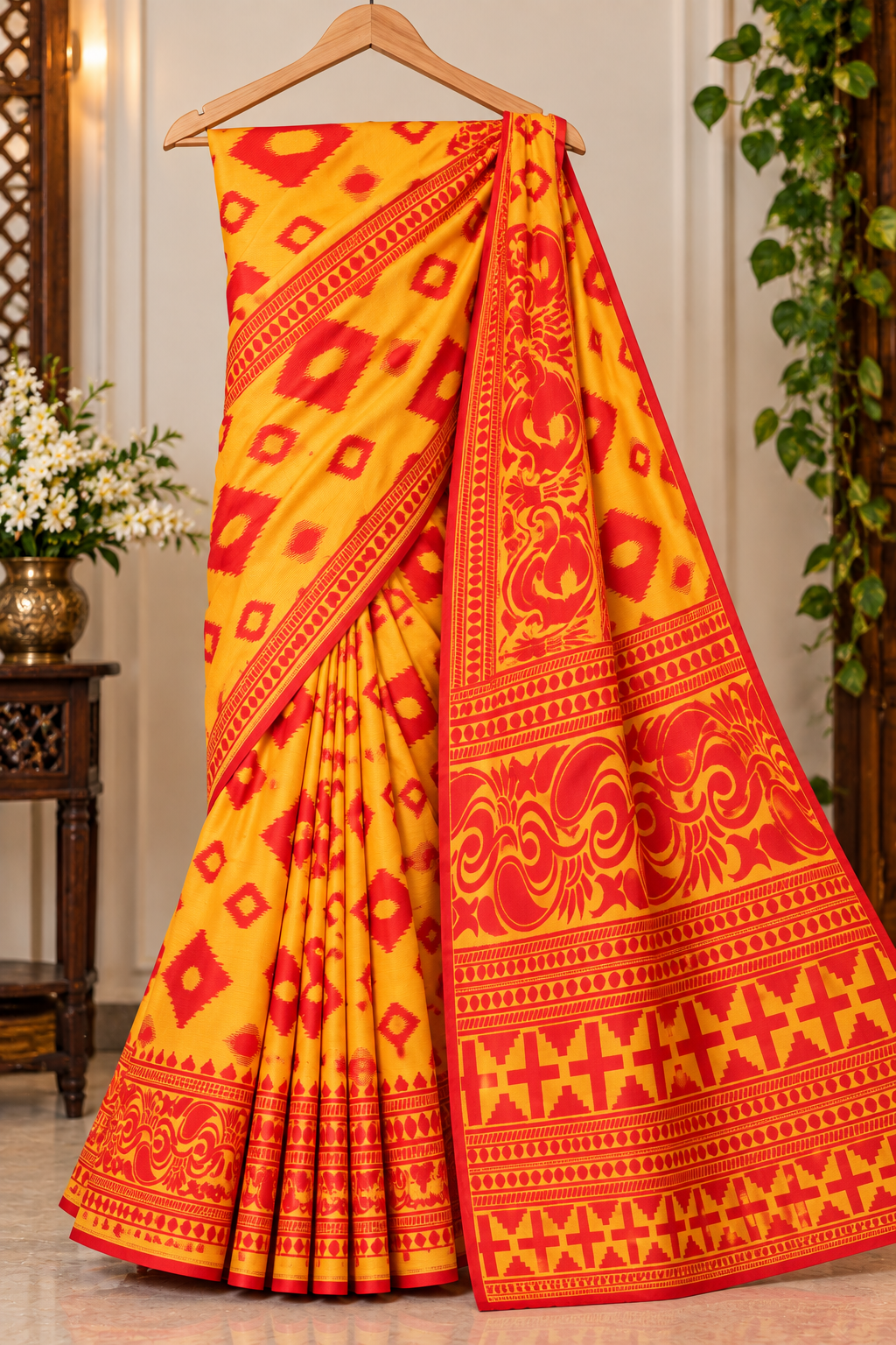 Red and yellow traditional saree 🌸