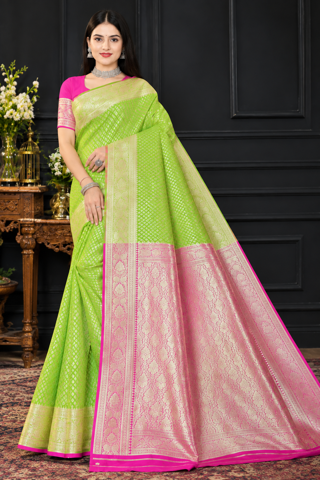 Lime green and pink banarasi silk saree ✅🩷