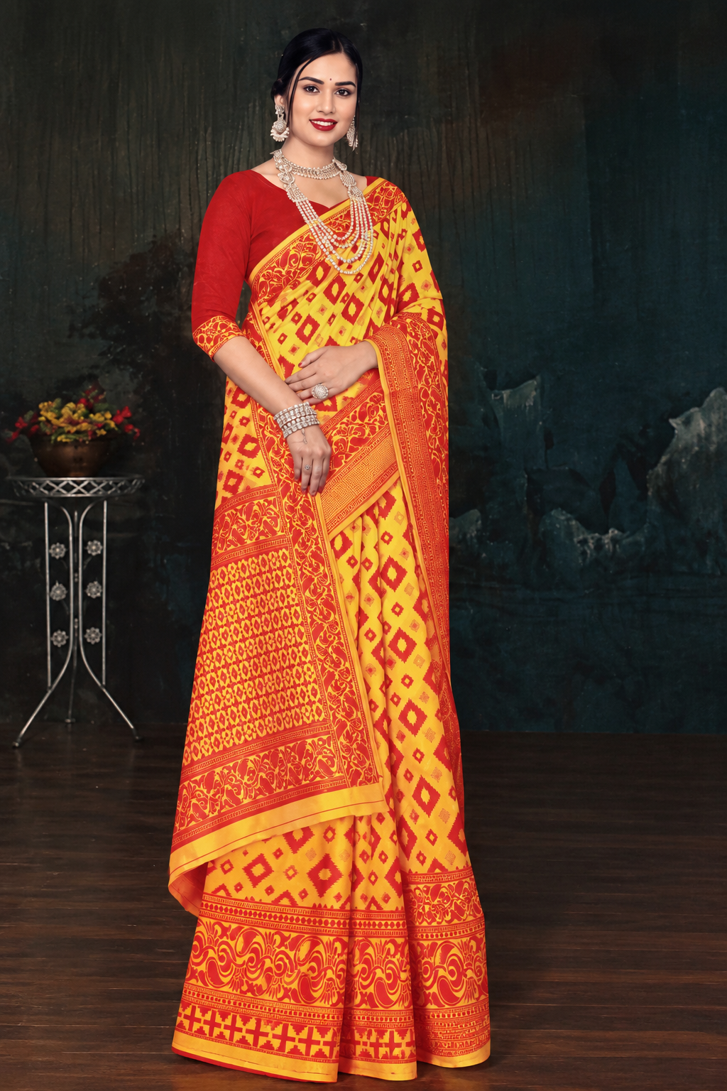Red and yellow traditional saree 🌸